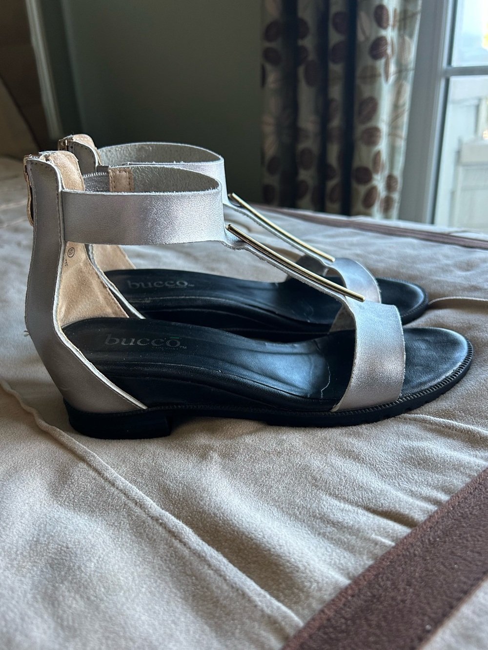 bucco Pearl Metallic Ankle-Strap Sandals with Gold Accent